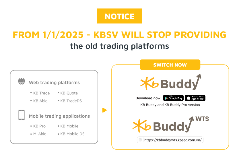 KB Securities Vietnam will stop providing services on the old trading platforms from 1/1/2025