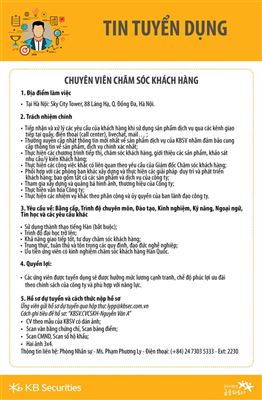 KBSV tuyển dụng Chuyên viên chăm sóc khách hàng
