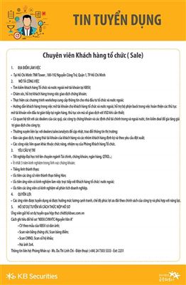 KBSV tuyển dụng Chuyên viên Khách hàng Tổ chức (Sale)