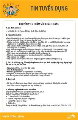 KBSV tuyển dụng Chuyên viên chăm sóc khách hàng