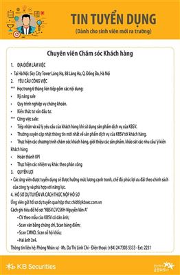 KBSV tuyển dụng Chuyên viên chăm sóc khách hàng (Dành cho sinh viên mới ra trường)