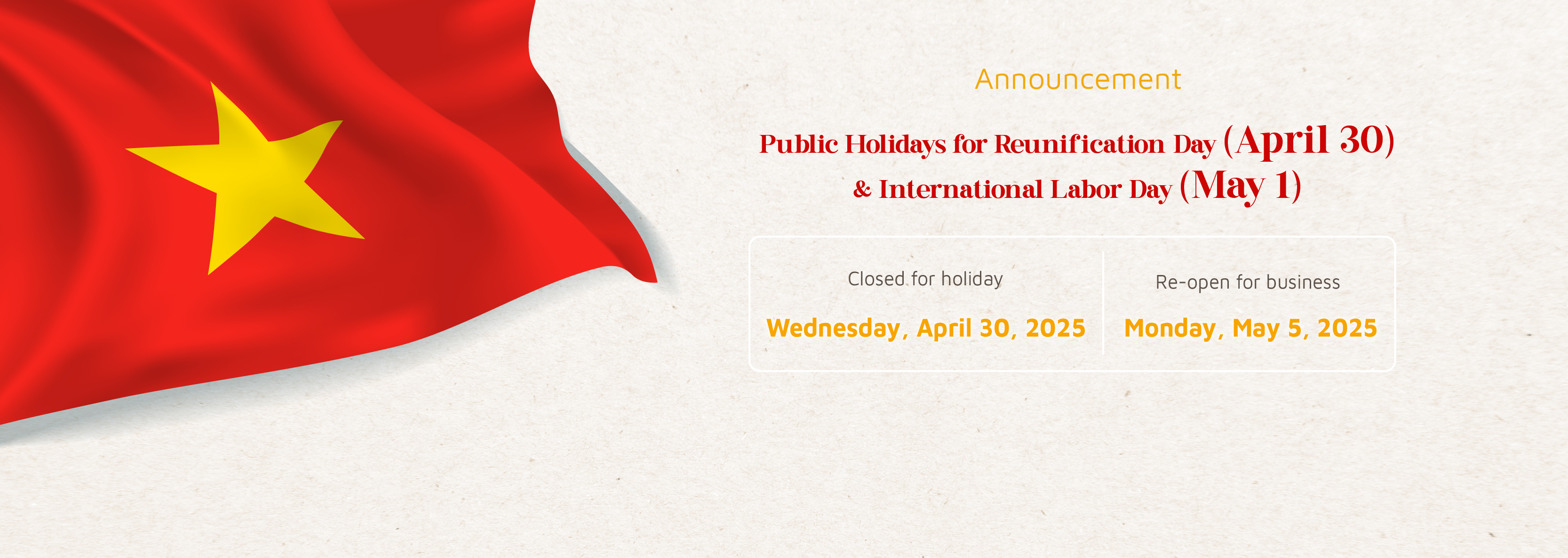 Announces The Public Holiday 30/4 & 1/5